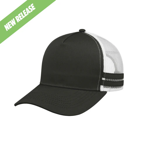 F24503 Headwear24 Striped Trucker Cap (Black / White Mesh / Black Stripes)